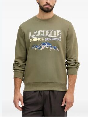 New Lacoste Olive Graphic Alps Motif Fleece Crewneck Sweatshirt Size XXL Cotton